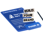 A blue graphic representing a custom branding form with fields for logo and signature, overlaid with text "BUILD YOUR BRAND" and a "Finish" button. A pencil lies to the right.