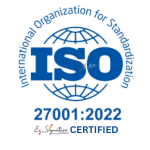 ISO 27001:2022 certified logo. Blue and white graphic with "ISO" inside a globe and the certification number below.