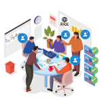 Isometric illustration of five people at a round table with laptops and documents, plus user icons with checkmarks, symbolizing multiple users and approval.